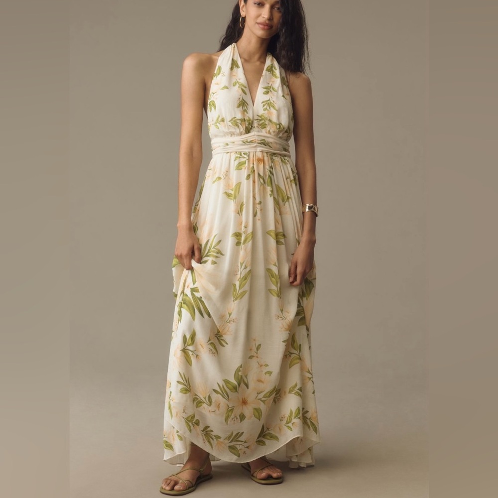 Farm Rio x Anthropologie V-Neck Floral Halter Chiffon Maxi Dress Small